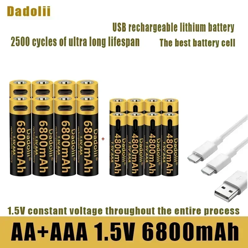 AA AAA Rechargeable Lithium Battery with Real 6800mWh 4800mWh High Capacity USB-C Direct Fast Charge 1.5V for Mic Toy Flashlight