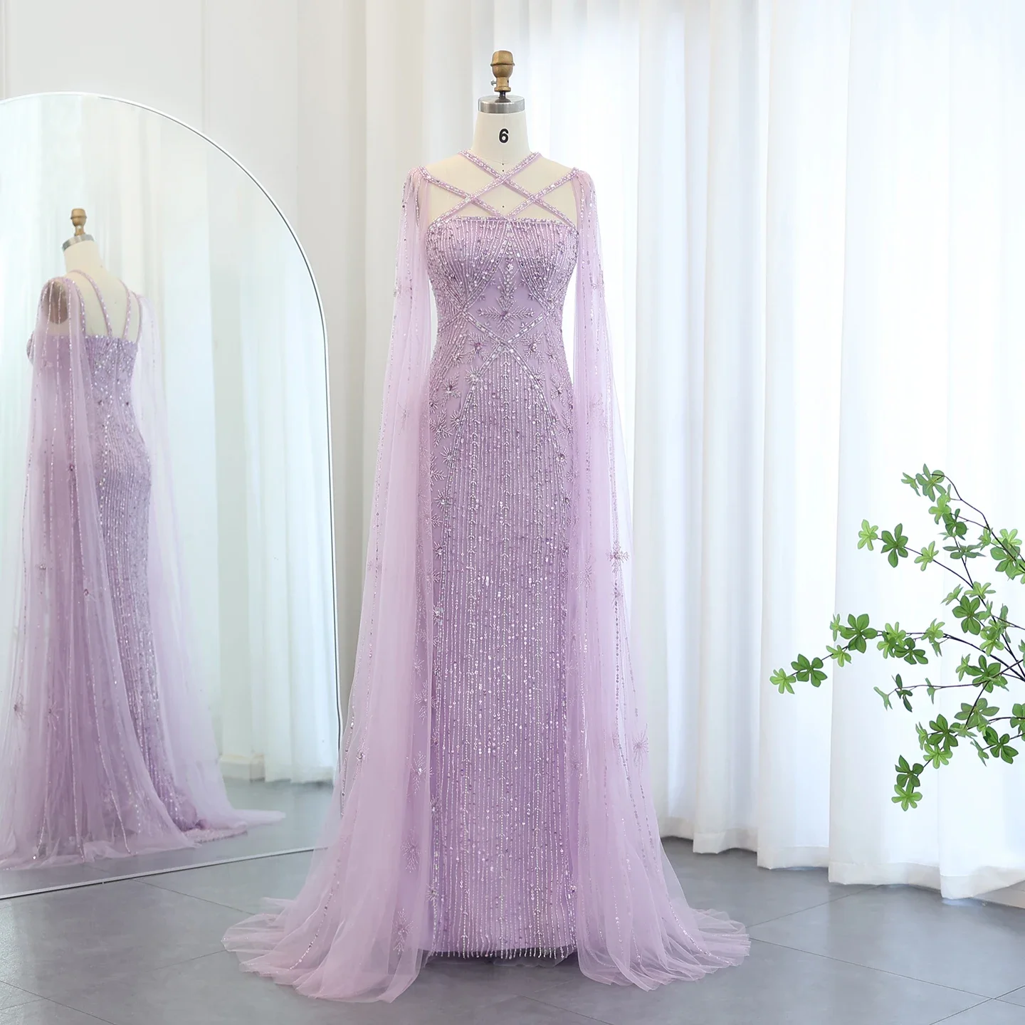 

Sharon Said Lilac Luxury Dubai Aqua Mermaid Evening Dress with Cape Sleeve Criss Cross Women Wedding Party Gown SS391 Customized