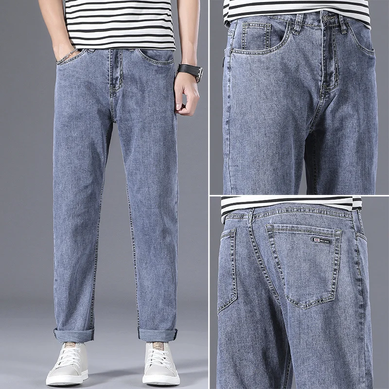 

Classic Men's Summer Denim Pants Fashion Casual Light Blue Thin Stretch Jeans Loose Straight Branded Trousers Male