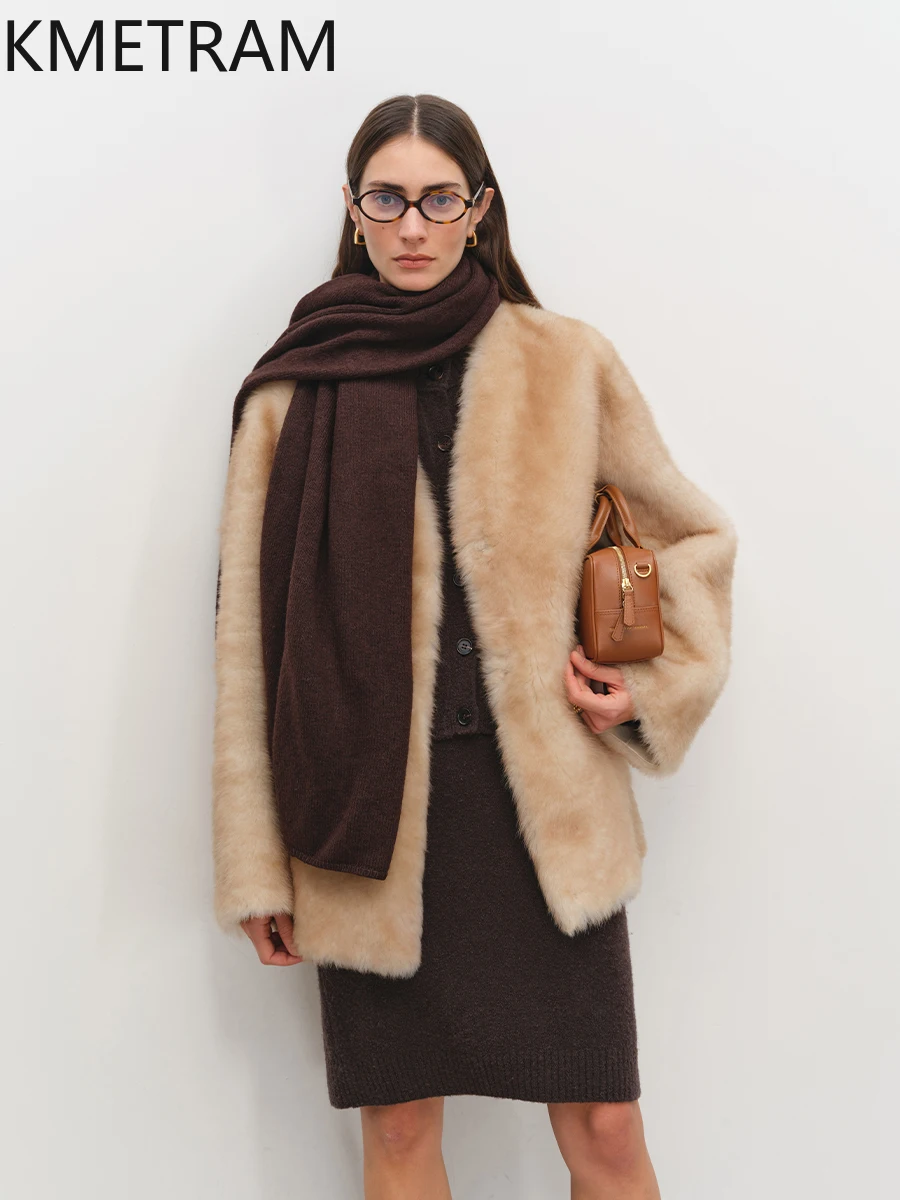 Damska kurtka z prawdziwej wełny owczej Natural Lagon, dwustronna, z futrem, dekolt w serek, luksusowa futrzana kurtka, odzież zimowa 2025, шуба