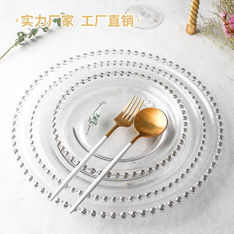 gold-plated bead plate light luxury glass electroplated disc round pearl western food steak plate silver large size bead