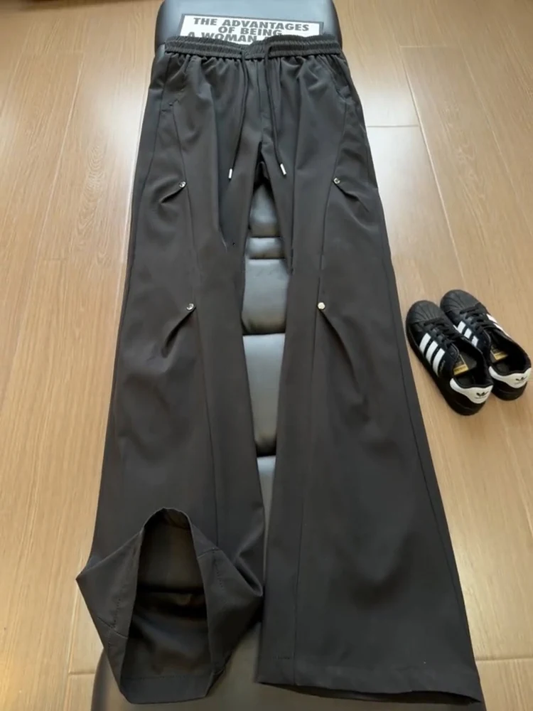 Black Casual Pants Men's Spring Summer Quick Dry Trousers High Waist Straight Leg Rivet Pleated Loose Fit Fashionable Casual ...