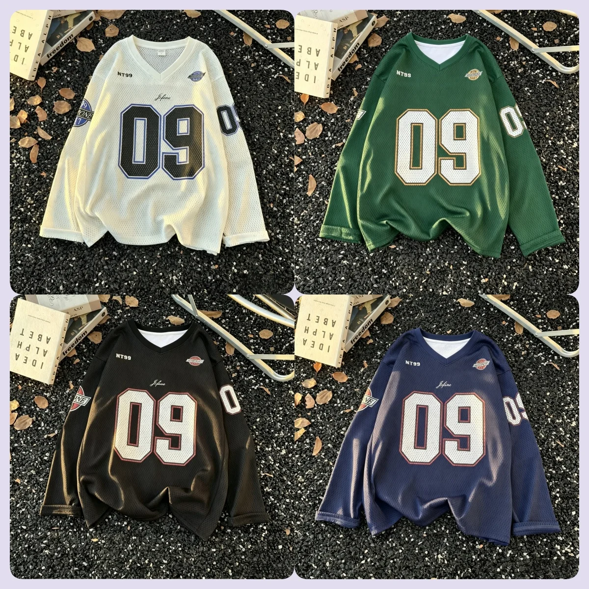 2026 Summer American Retro Streetwear Letter Print V-Neck Mesh Long Sleeve Sports T Shirt Unisex Loose Casual Beach T-Shirt Top