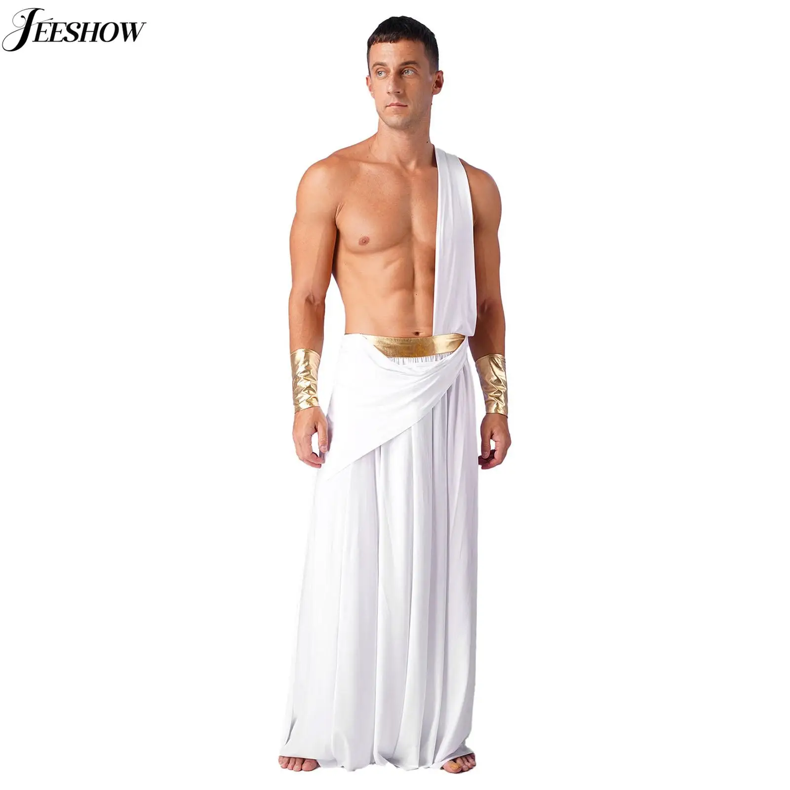 Mens Sexy Ancient Greek Toga Costume Roman Caesar Cosplay Tunic Robe One Shoulder Strap Long Skirt Halloween Fancy Dress Up