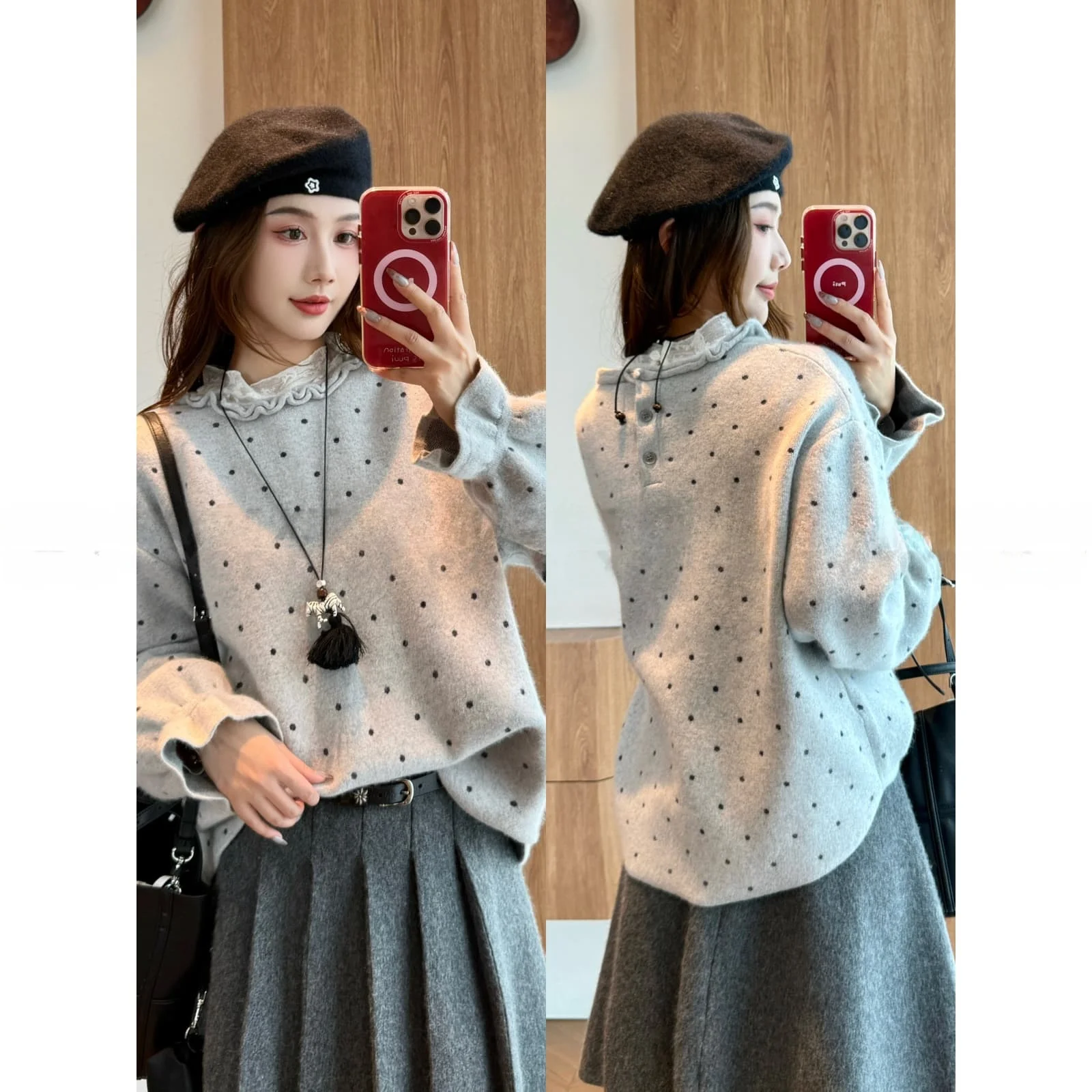 

Parisian Polka Dot Knit Sweater ey Wooden Winter New Sle Comfortable Warm Long Sve round Ne Wool Blend Sweater
