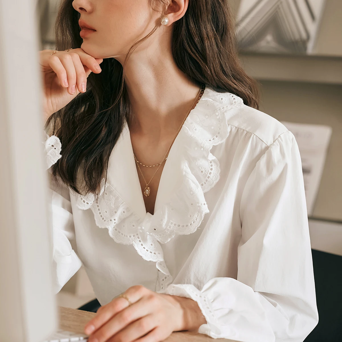 OLrain Ruffled V Neck Women Shirts 2025 Spring Summer Butterfly Sleeve Straight Solid Color Single Breasted Blouses M57CC95680
