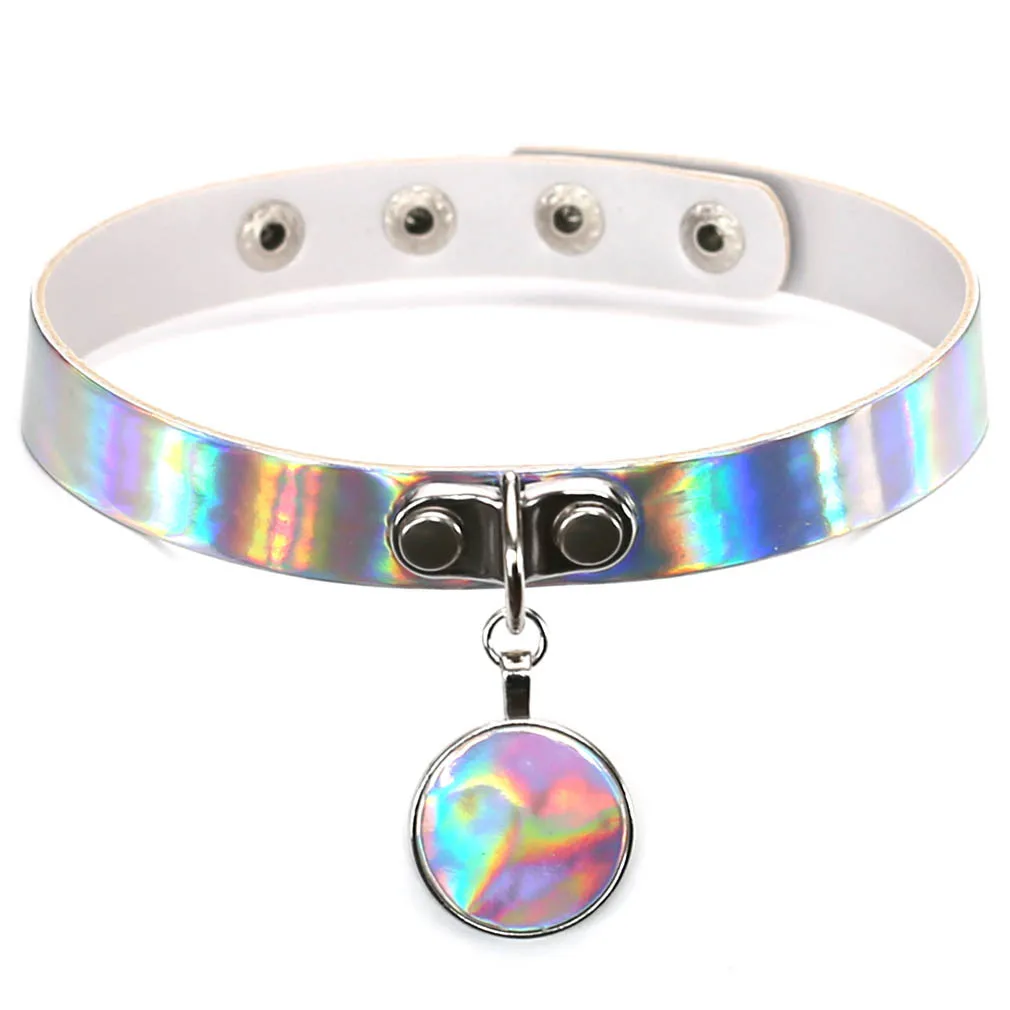Punk Harajuku Laser Personality Popular Non-mainstream Circle Multicolored Leather Stainless steel Necklace Clavicle chain