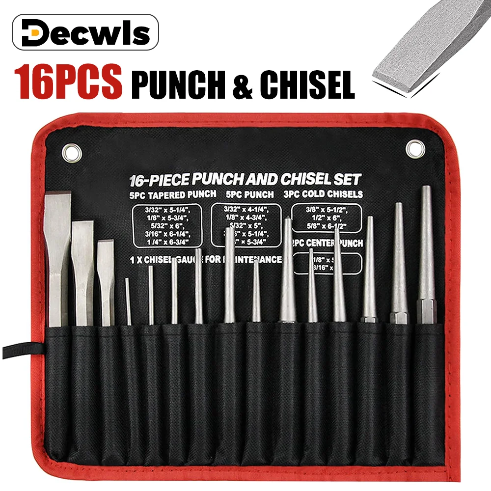 16 PCS Punch and Chisel Kit, High Quality CR-V Chisel Bits, Household Wood/Metal Cutting Tools, for Woodworking/Metal Machining