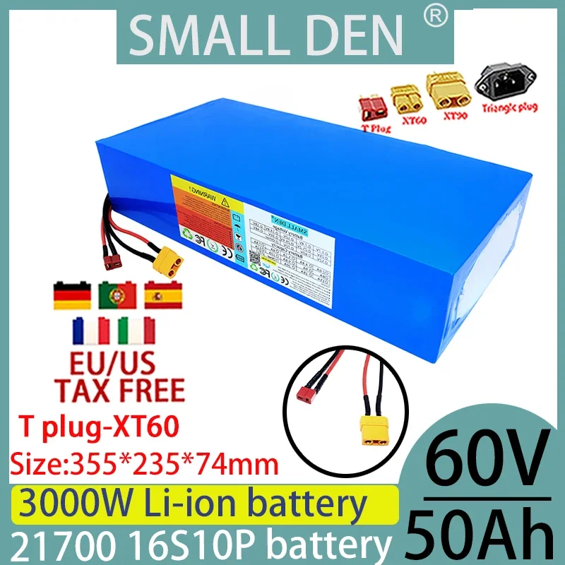 

New 60V 50ah 16S10P 21700 lithium battery pack, BMS electric tool 100-3000W power motor rechargeable battery+2A 3A 5A charger