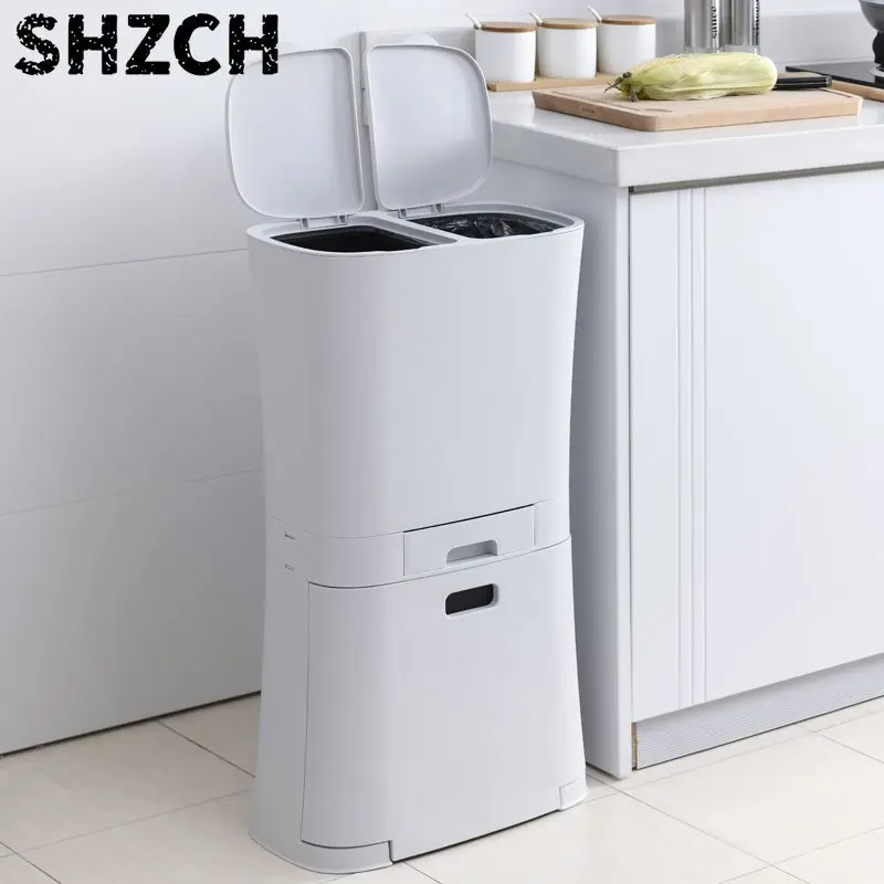 Kitchen Step Trash Can with Lid Large Dual Compartment Waste Bin for Dry Wet Waste Home Bathroom Garbage Can