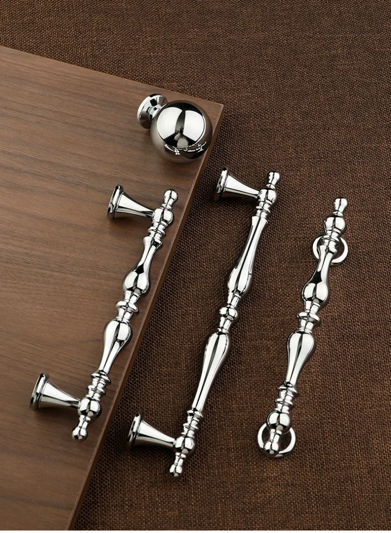 French Glossy Chrome Plated Handle, Retro Carved Mirror Cabinet, Wardrobe Door Handle, Furniture Long Handle