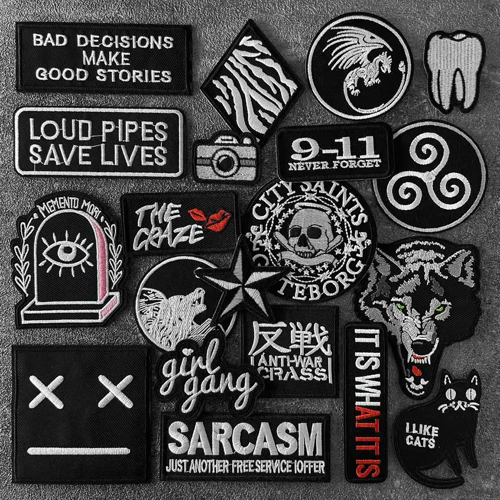 SARCASM لا تنسى أبدًا من ILIKE CATS بقع سوداء بيضاء مطرزة شارات الهبي الحديد على بقع الاطفال للملابس ملصقات التصحيح