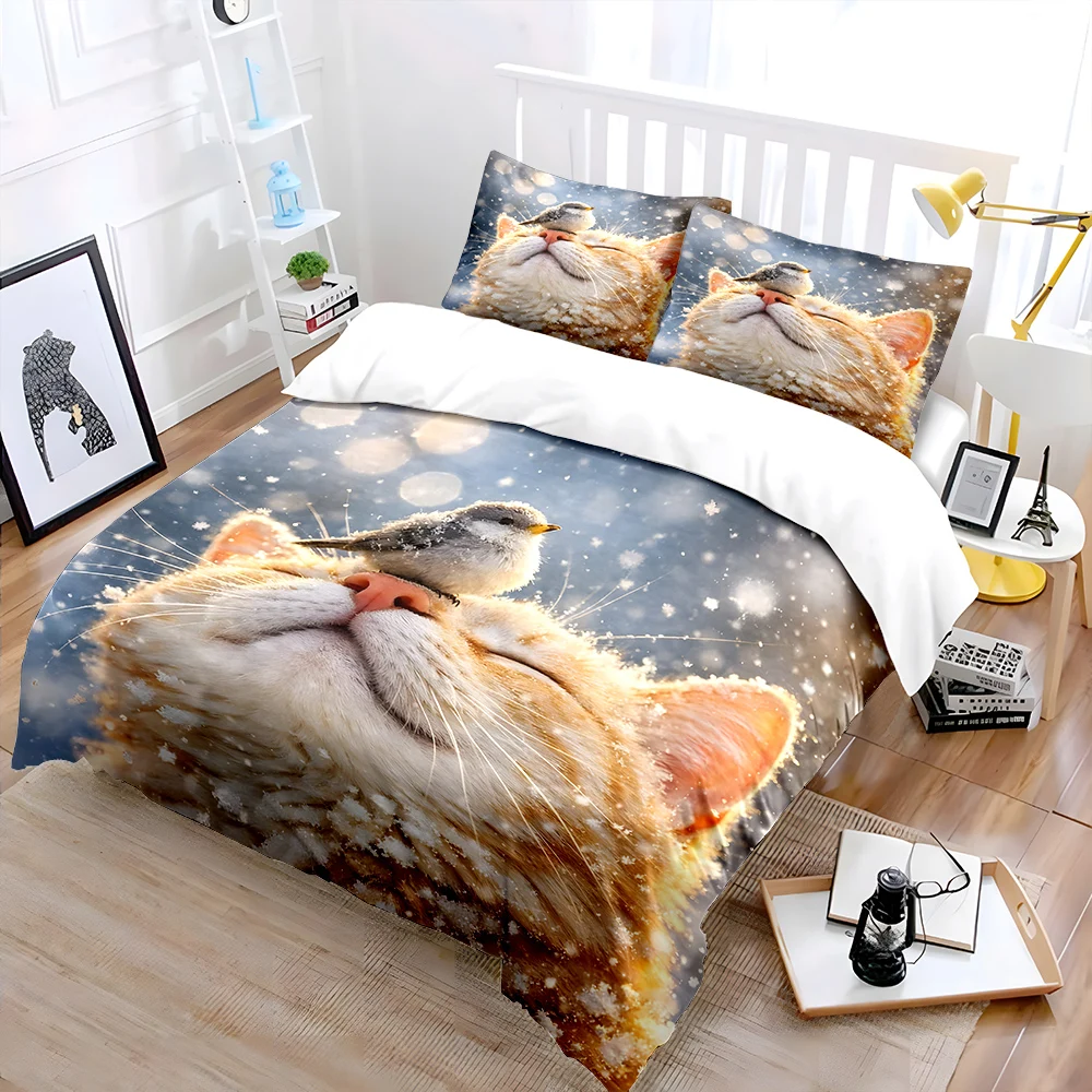 Cute Cat with a bird in snow Print Soft Comfortable Duvet Cover Bedding Set Included 1*Duvet Cover  2*Pillowcases Luxury gifts