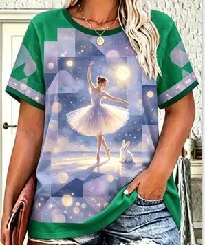 Women Dream Galaxy T‑Shirt, Ballerina Dancing Rabbit Full Moon Starry Sky Geometric Graphic Casual Short Sleeve Tee For Daily