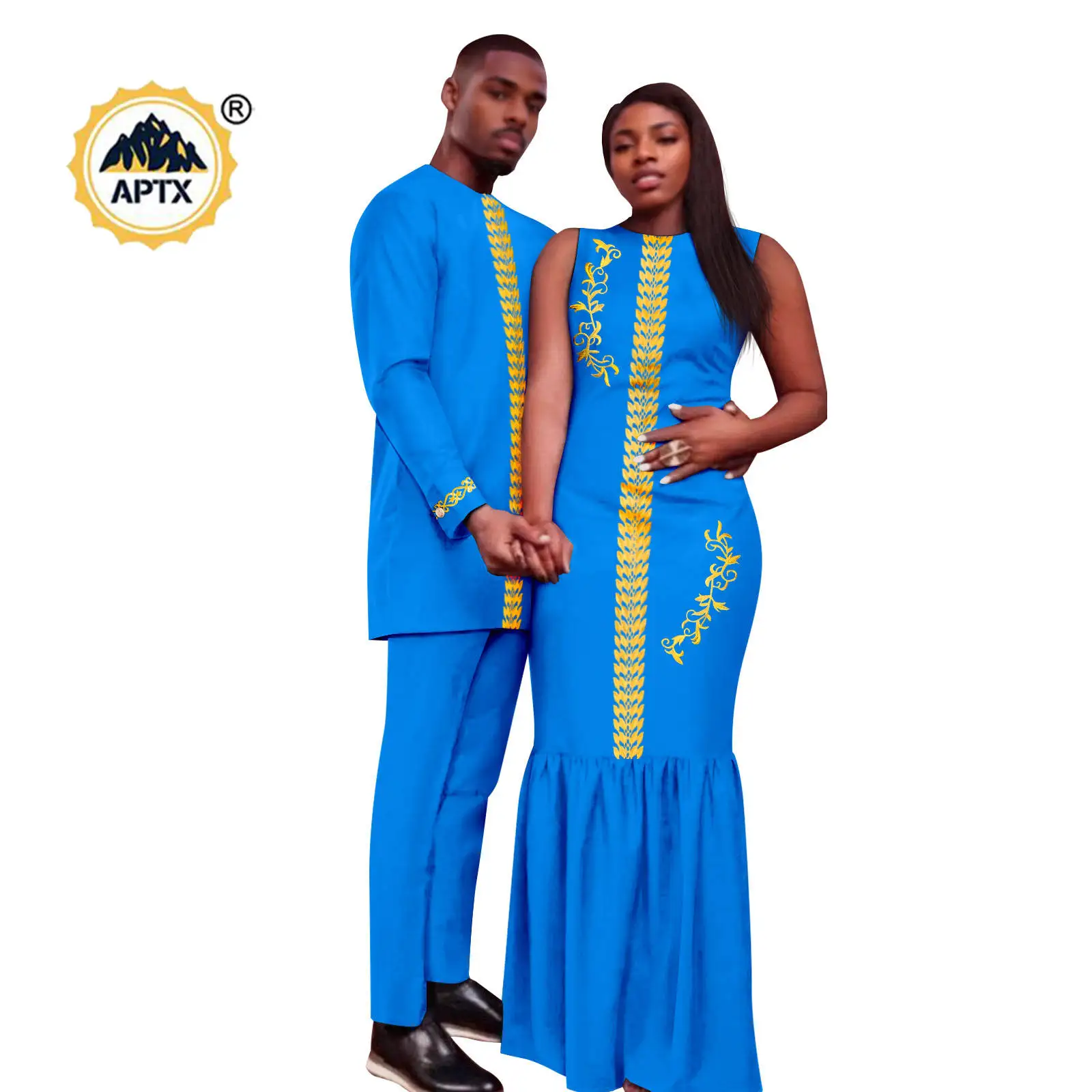 African Appliques Dresses for Women Matching Couple Outfits Dashiki Men Clothes Bazin Riche Top and Pant Sets Wedding 24C046