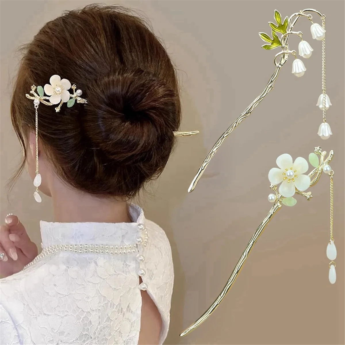 Lily of the Valley Chinese Hair Sticks for Buns,Pearl Flower Vintage Hair Chopsticks Dangle Tassel Hair Accessories,2Pcs