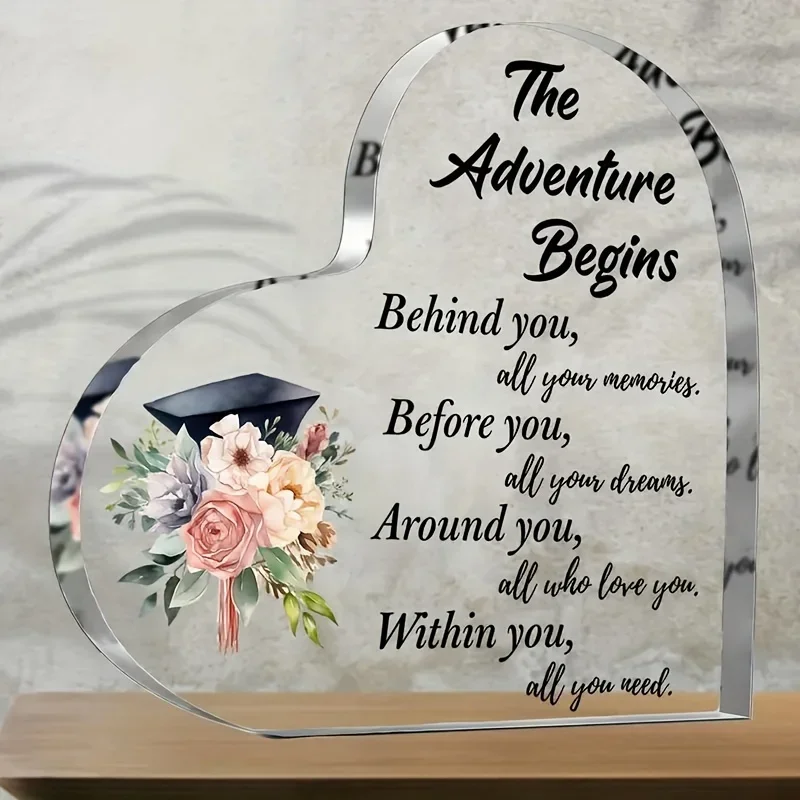 Heart Acrylic Plaque The Adventure Begins Graduation Cap Floral Graduation Gift Desk Decor