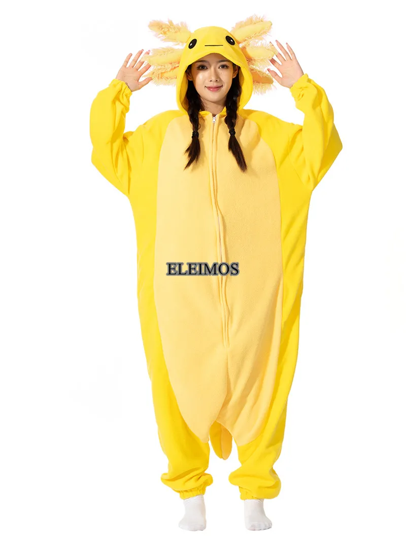 ELEIMOS Halloween Onesie Yellow Axolotl For Women Men Adult Animal Kigurumis Pyjamas Cartoon Pajama Homewear Cosplay Costume