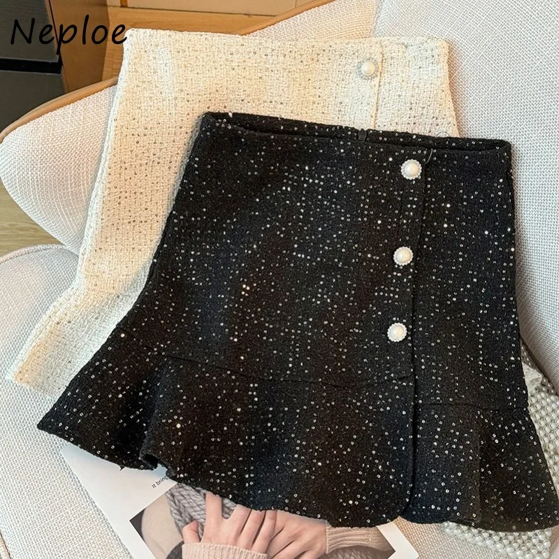 Neploe Vintage Sequin Tweed Skirt for Women Spring 2024 New High Waist A-line Skirts Y2k Slim Fit Bodycon Ruffles Faldas Mujer