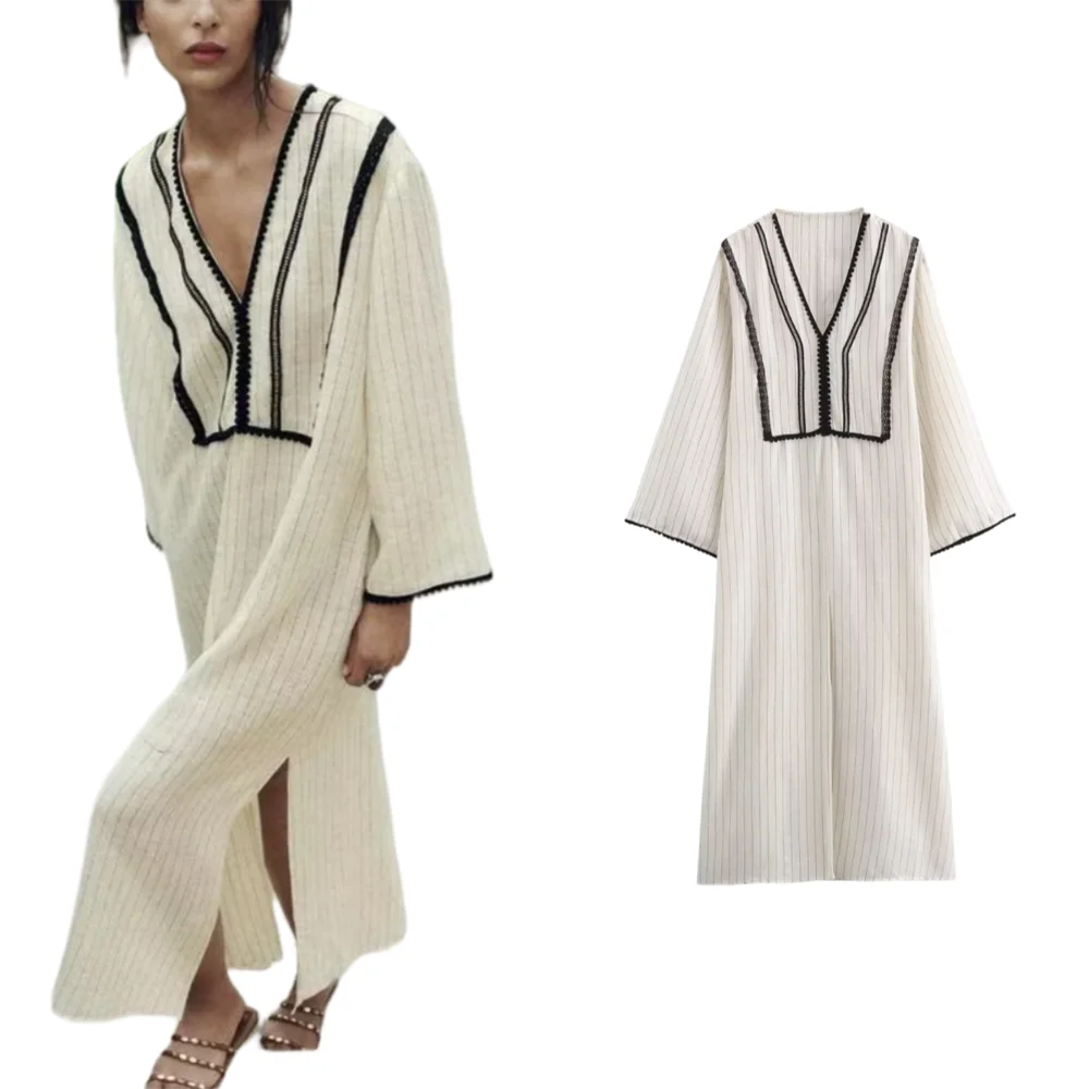 BM&MD&ZA 2024 summer women\'s new simple high-end fashion loose casual long-sleeved V-neck slit striped dress