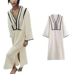 BM&MD&ZA 2024 summer women's new simple high-end fashion loose casual long-sleeved V-neck slit striped dress