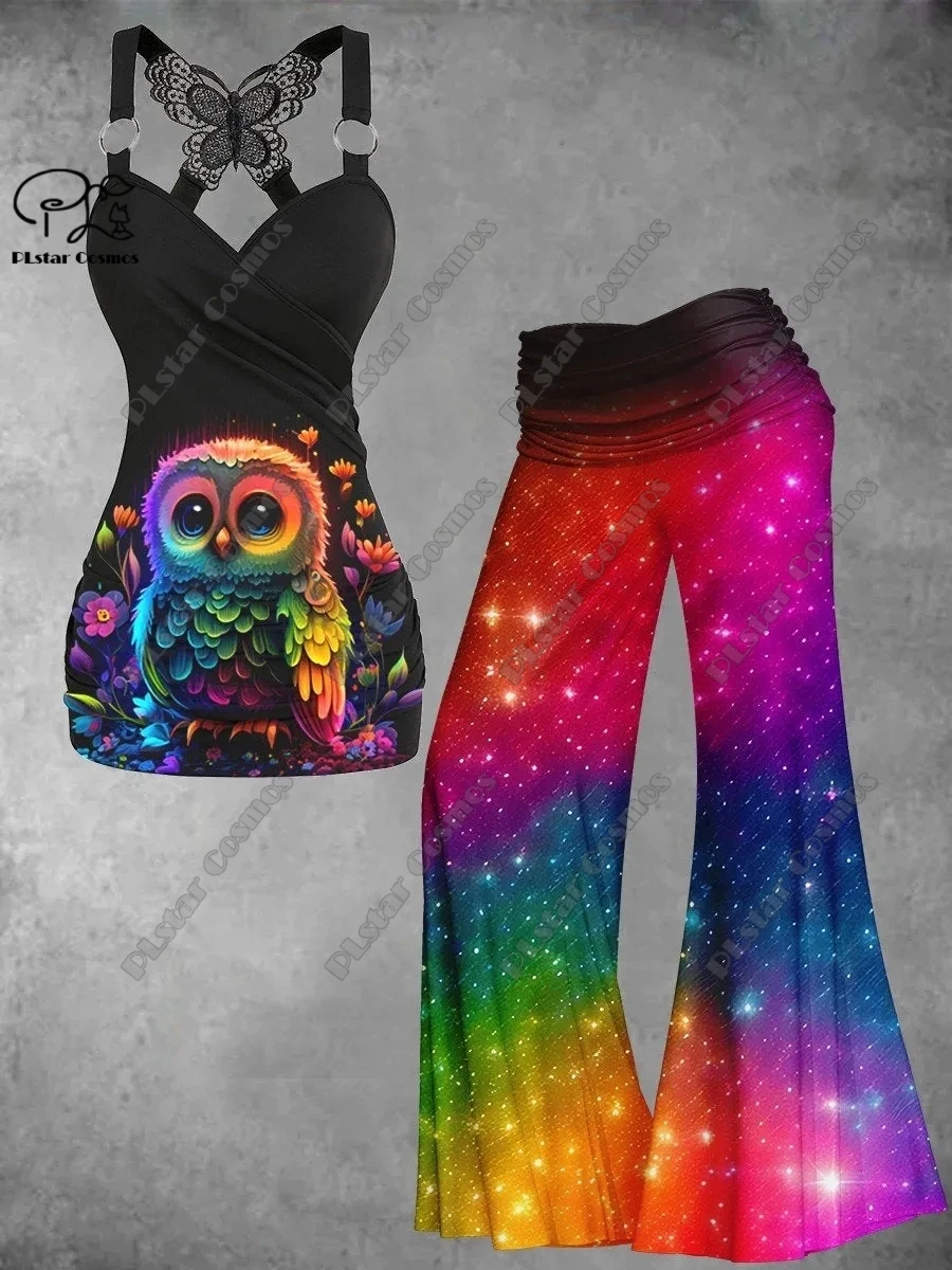 2023 new 3D printing owl fox moon dreamcatcher pattern female butterfly vest + wide-leg pants two-piece set