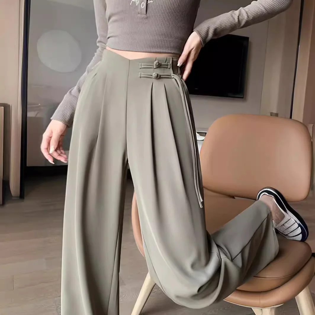 Suit pants for women in spring and summer 2024, new Chinese style Chinese style buckle with high-end feel, loose drape, straight