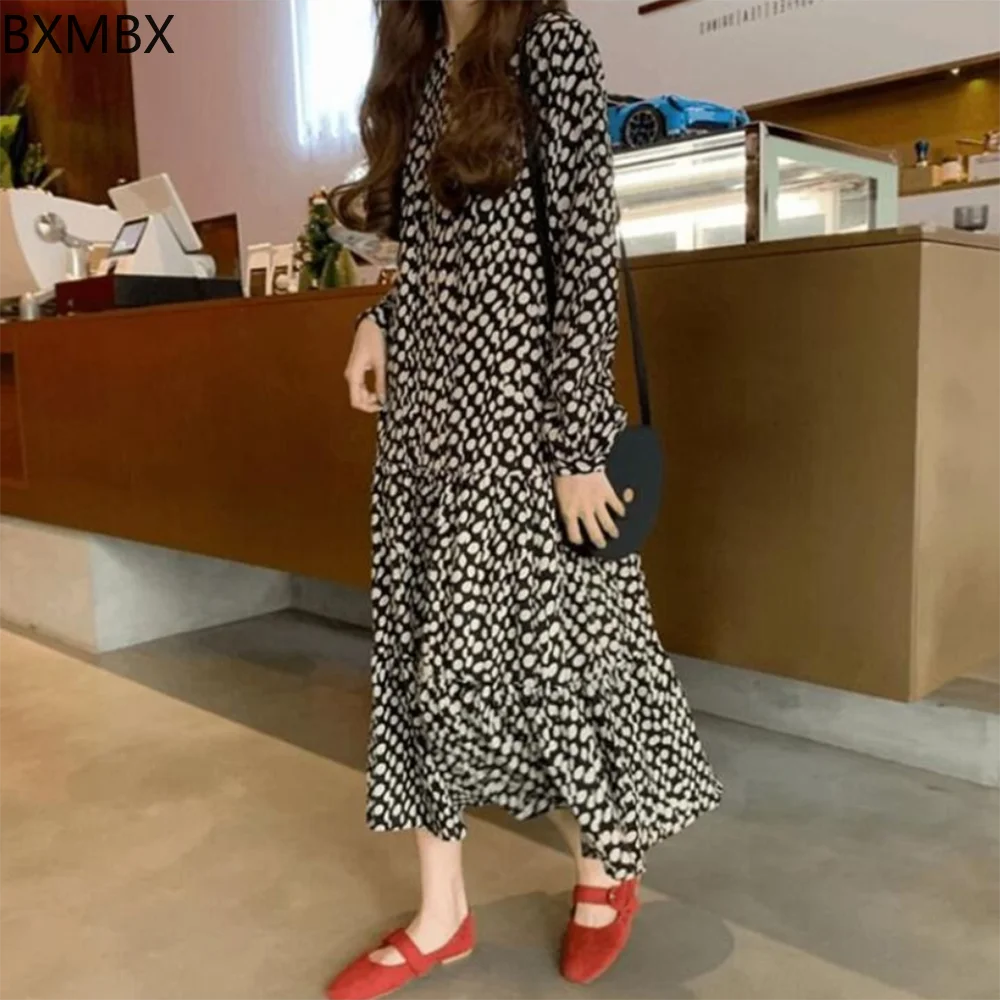 

Long-sleeved dress new Korean version loose round neck polka dot big swing skirt long dress vestidis