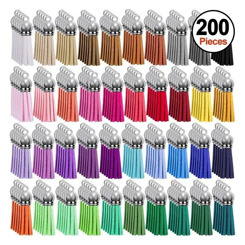 200 Piezas de Borlas para Llaveros, Colgantes de Borlas de Cuero, Borlas con Flecos para Llaveros, Suministros para Manualidades y Anillos de Llavero DIY