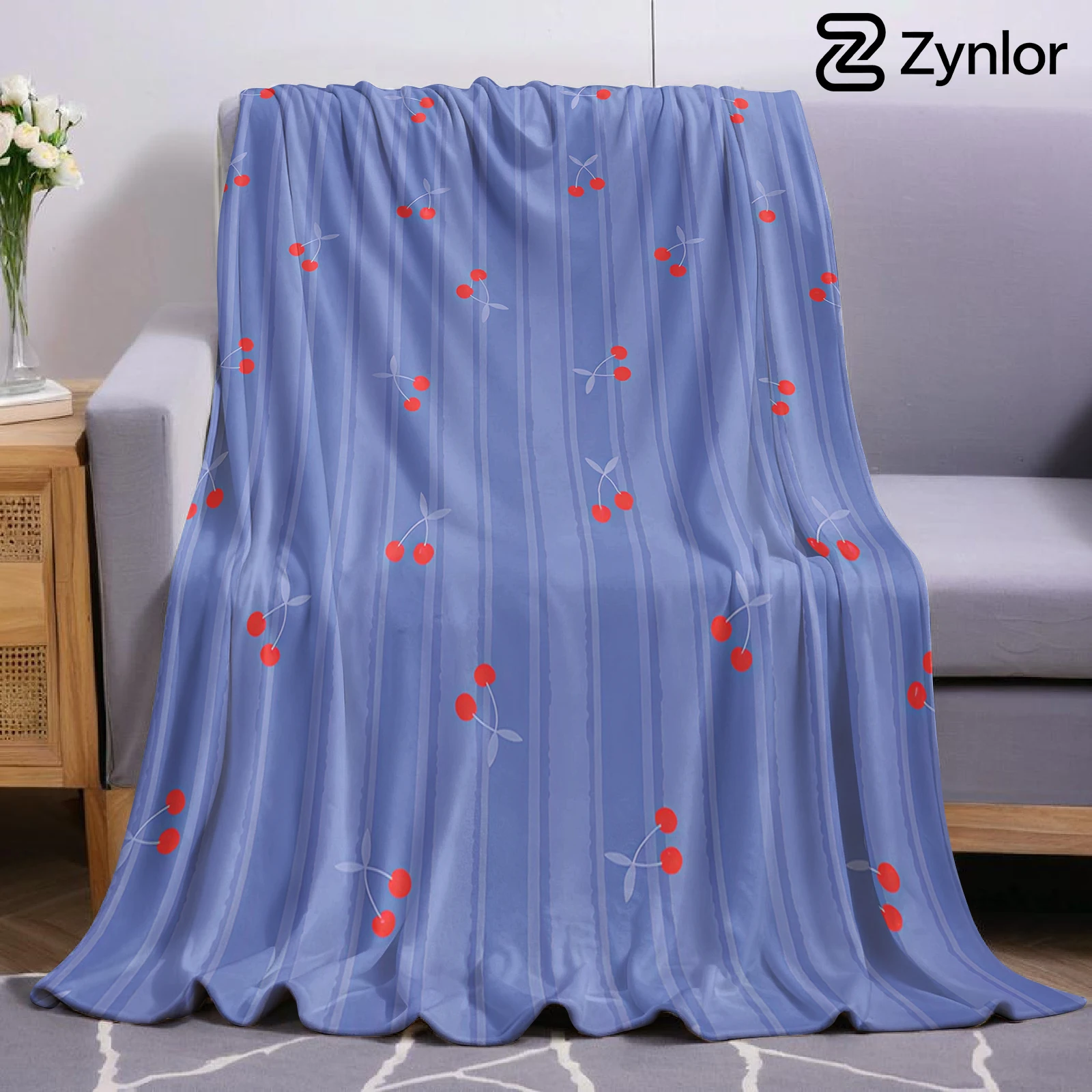 Blue Background Red Cherry Stripe Cartoon Anime Print Flannel Blanket Soft Warm Throw for Kids Bedroom Bed Christmas Office Car
