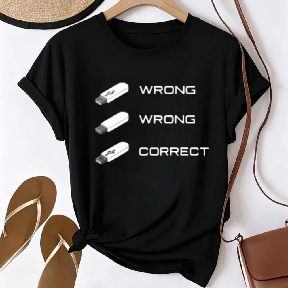 Funny USB Wrong Correct Graphic T Shirt Tech Humor USB Plug Meme Print Casual Short Sleeve Tee Computer Nerd Geek Programmer IT
