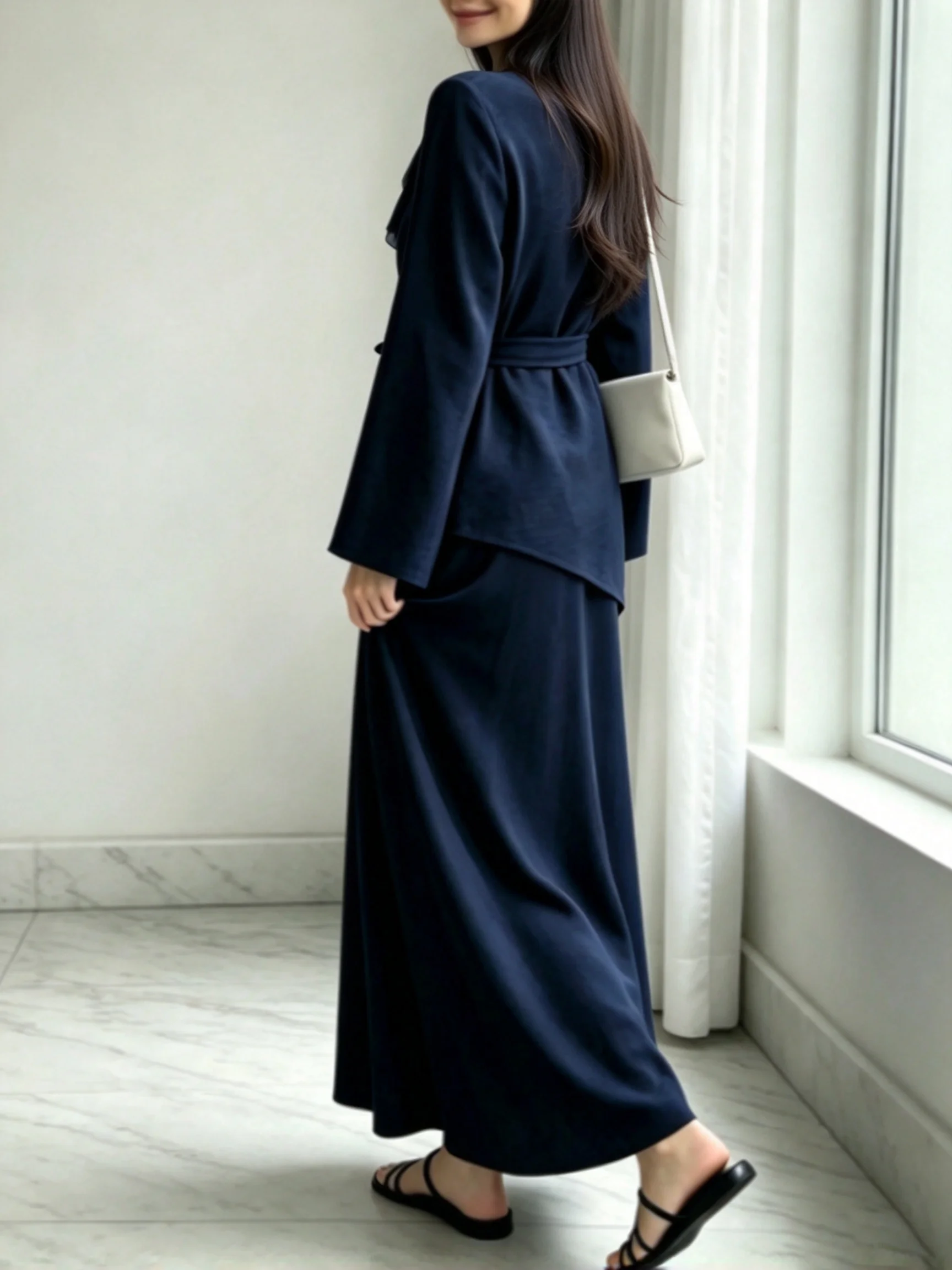 Women 2 Piece Set Long Sleeve Wrap Tie Irregular Top And Maxi Skirt Suit Elegant Modest Abaya Outfit Muslim Two Piece Dress Set