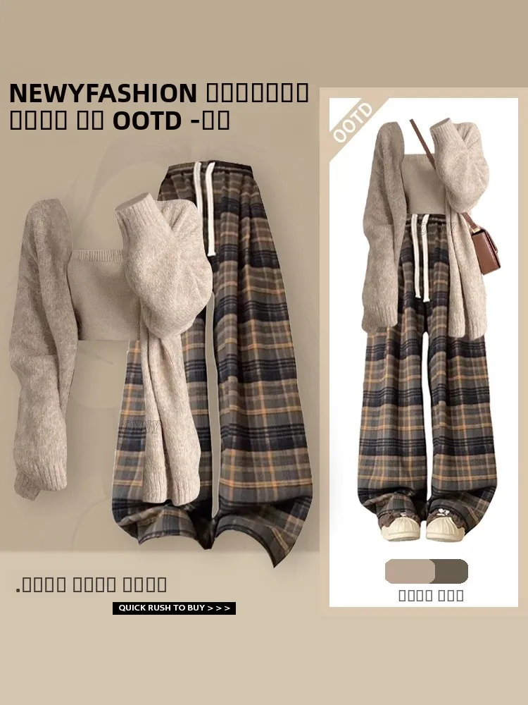 

Художественный осенний наряд для похудения с высокой талией, узкие брюки длиной до пола, V-Ne Long Sve, ансамбль из полиэфирного волокна