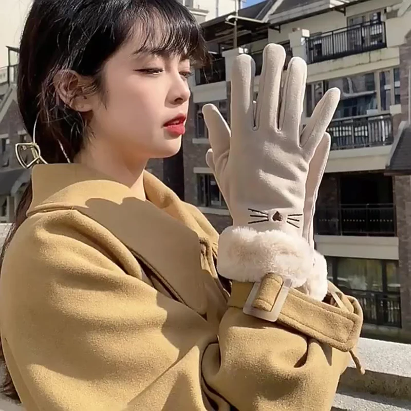 الخريف الشتاء الدافئة قفازات من جلد الغزال زائد المخملية سميكة أفخم ديكور الكفة قفازات في الهواء الطلق Coldproof لمس ركوب قفازات التزلج
