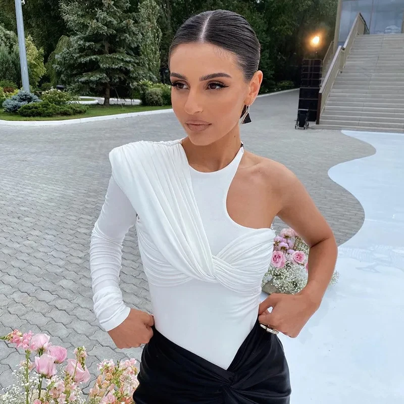 Elegante Office Lady One Shoulder Skinny Bodysuit Voor Vrouwen Jumpsuit Sexy Uitgesneden Rompertjes Sexy Eendelig Vrouwelijke Overalls