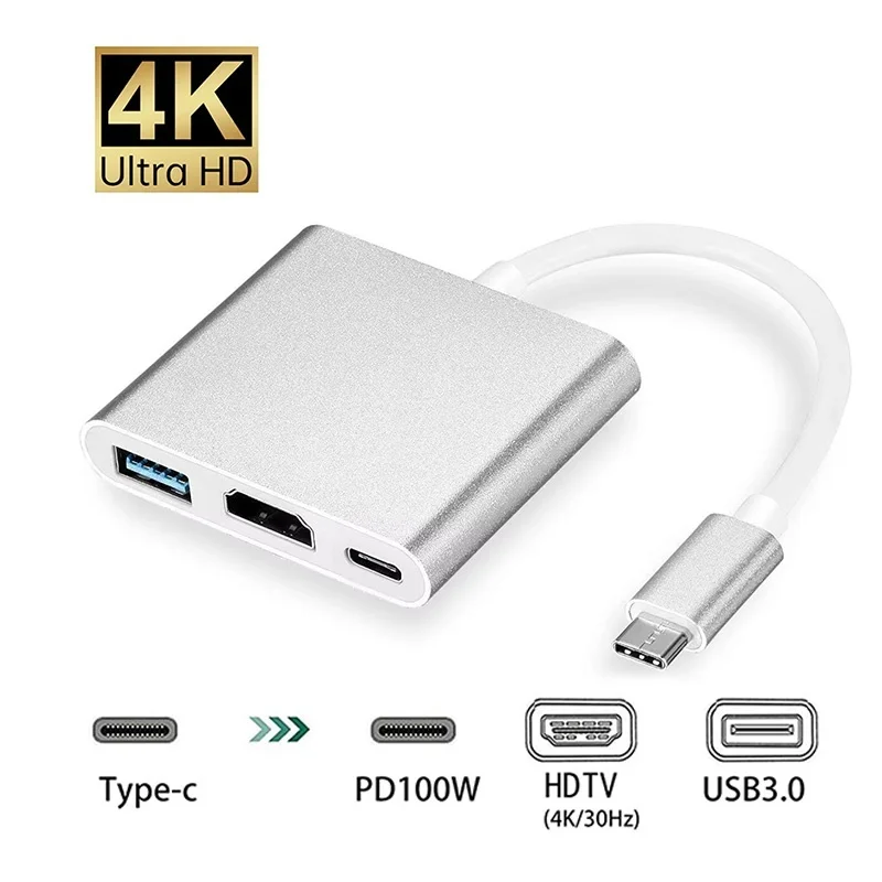 3-in-1 Typ-C-Hub USB-C-Stecker auf HDMI-kompatibler USB 3.0-Buchse Typ-C auf USB 3.0 Ladeadapter für Macbook Laptop Konverter
