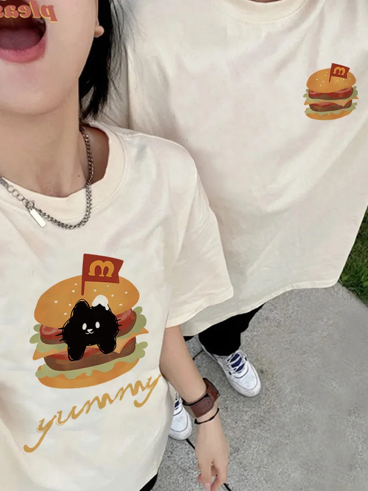 Burger Cat Couple Outfit Summer 2024 New High-quality Short-sleeved Cotton T-shirt