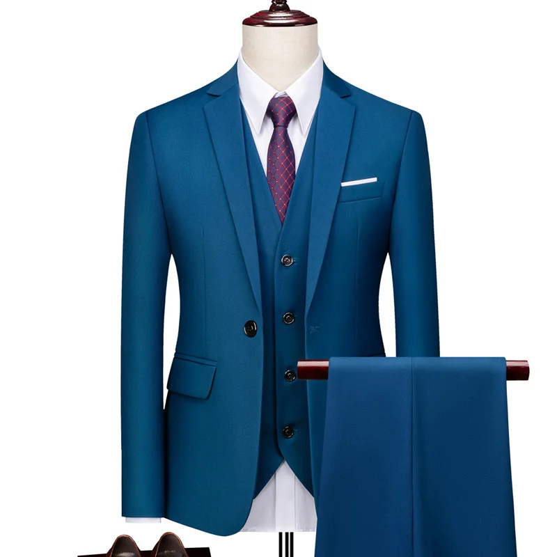 (Jacket+Vest+Pants) Mens High Quality Business Wedding 3 Pieces Suit One Buckle Solid Color Dress Set Groom Tuxedos