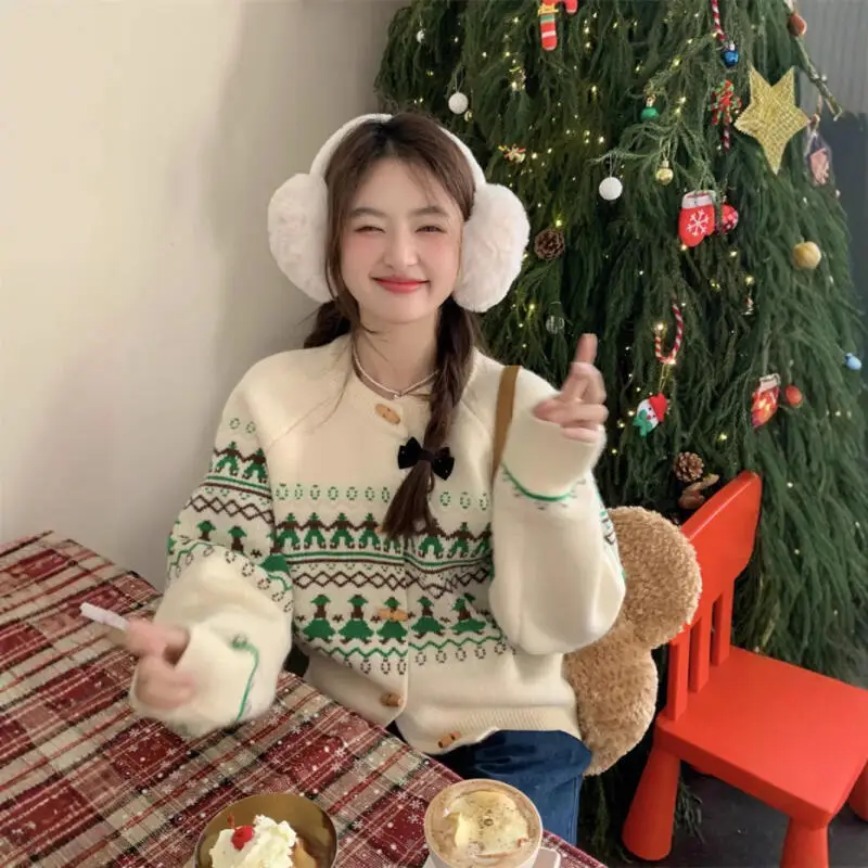 Fair Isle Jacquard Damen Strickjacke Pullover Strickwaren Mädchen Rundhals Kapuzenpullover Herbst Winter Adrette Top Mantel