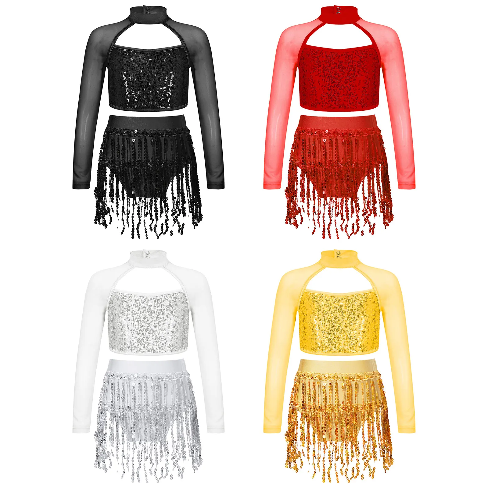 Kids Girls Sequins Latin Dance Sets Sheer Mesh Long Sleeve Mock Neck Crop Top with Elastic Waistband Sequins Tassel Briefs - Image 3