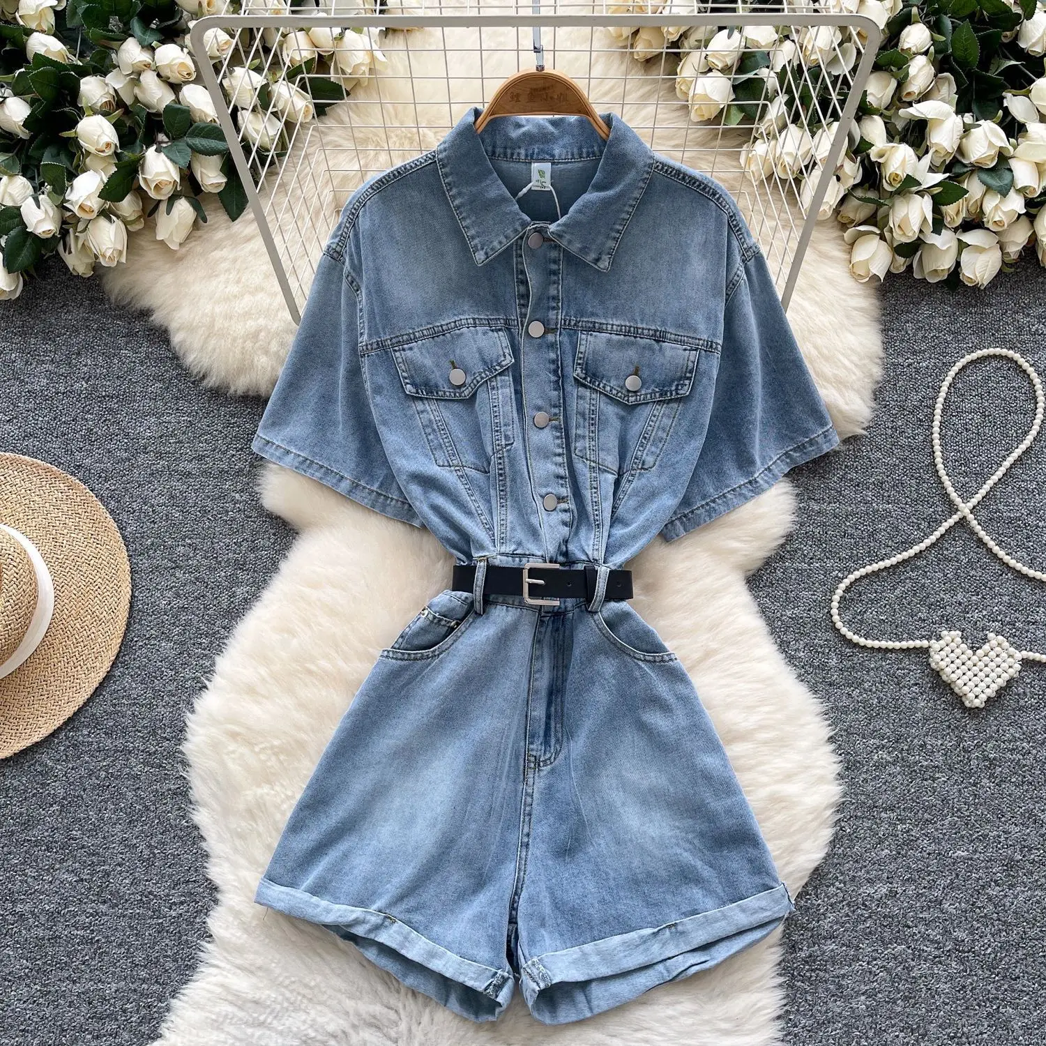

Casual Jumpsuit Women's Summer Relaxation Lazy Waist Short-sleeved Denim Wide-leg Shorts