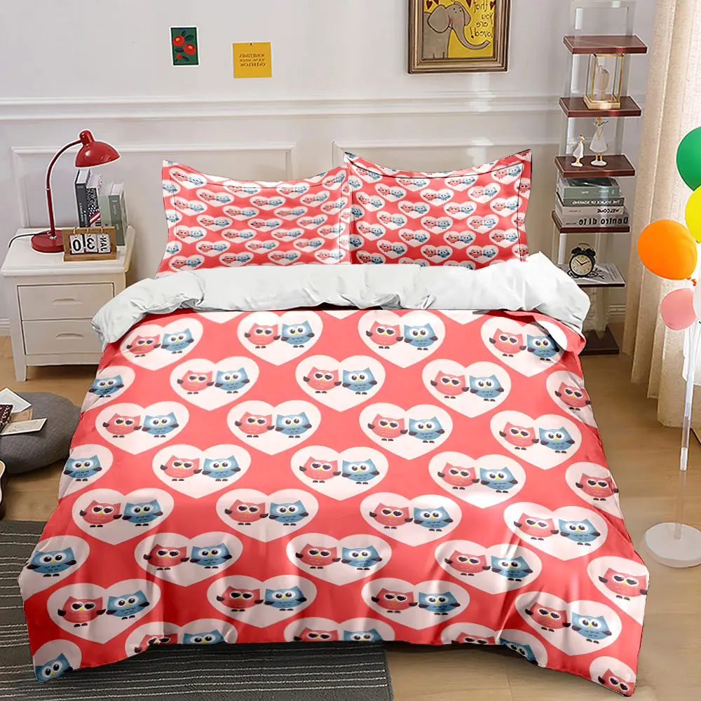 Cute owl heart background pattern Bedding Set for Kids Luxury Gift 3pcs Digital Print Comforter Set Soft Comfortable Breathable