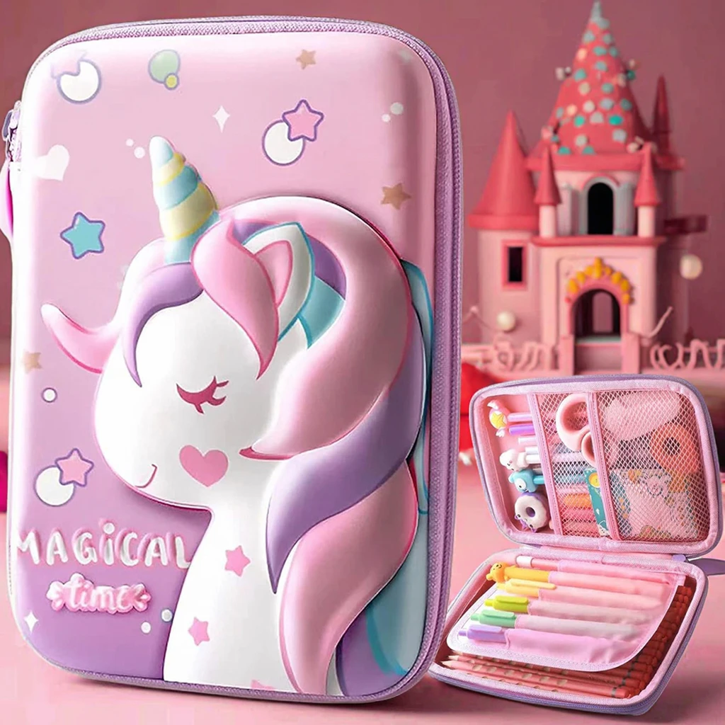 Großes 3D-Einhorn-EVA-Federmäppchen für Kinder, 3D-Schüler-Cartoon-Box, doppellagige Schreibwarenbox, Herren-Federmäppchen
