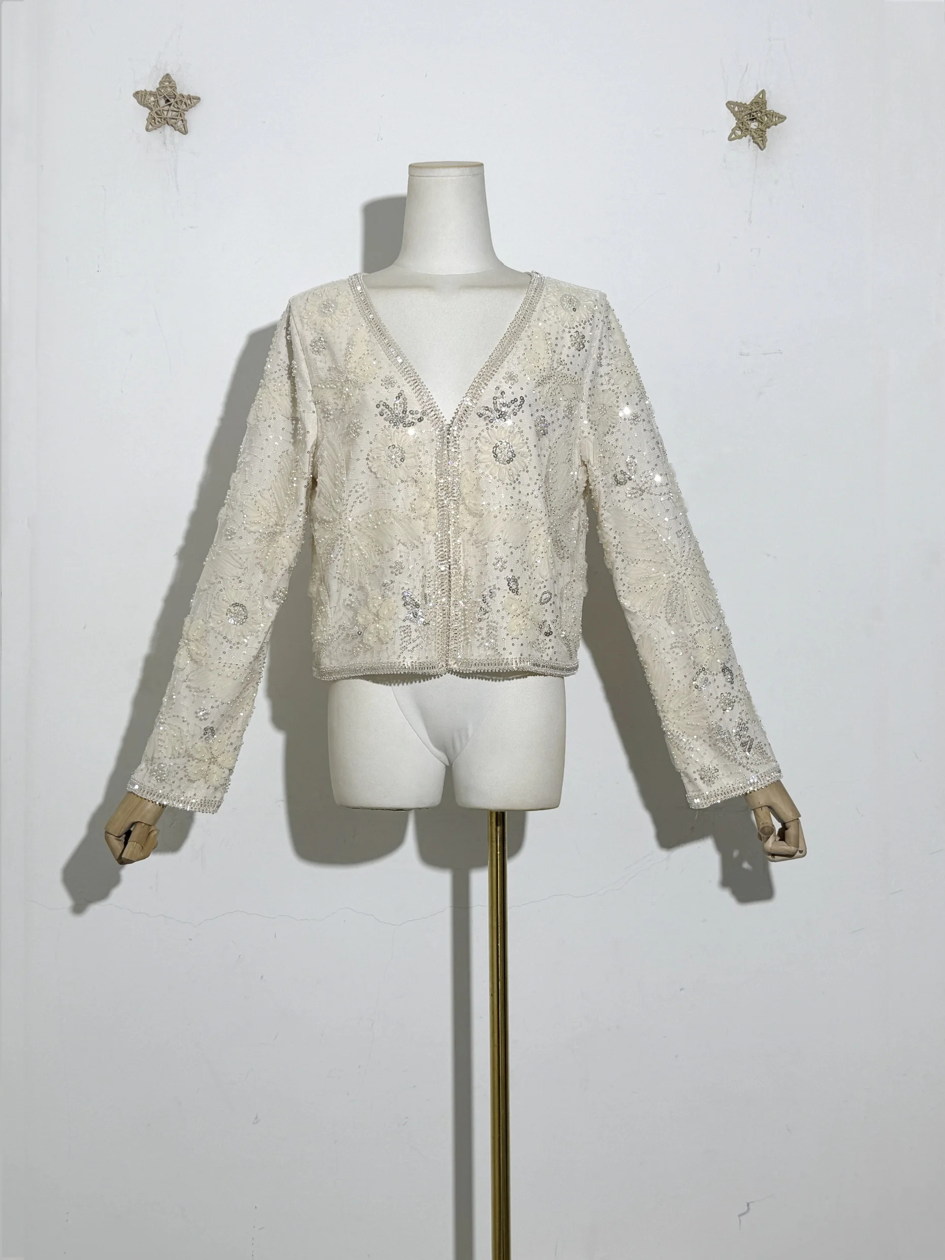 

Винтажная укороченная куртка с вышивкой бисером, элегантный бежевый кардиган с длинными рукавами и v-образным вырезом, блестящие пайетки для вечера и особых случаев