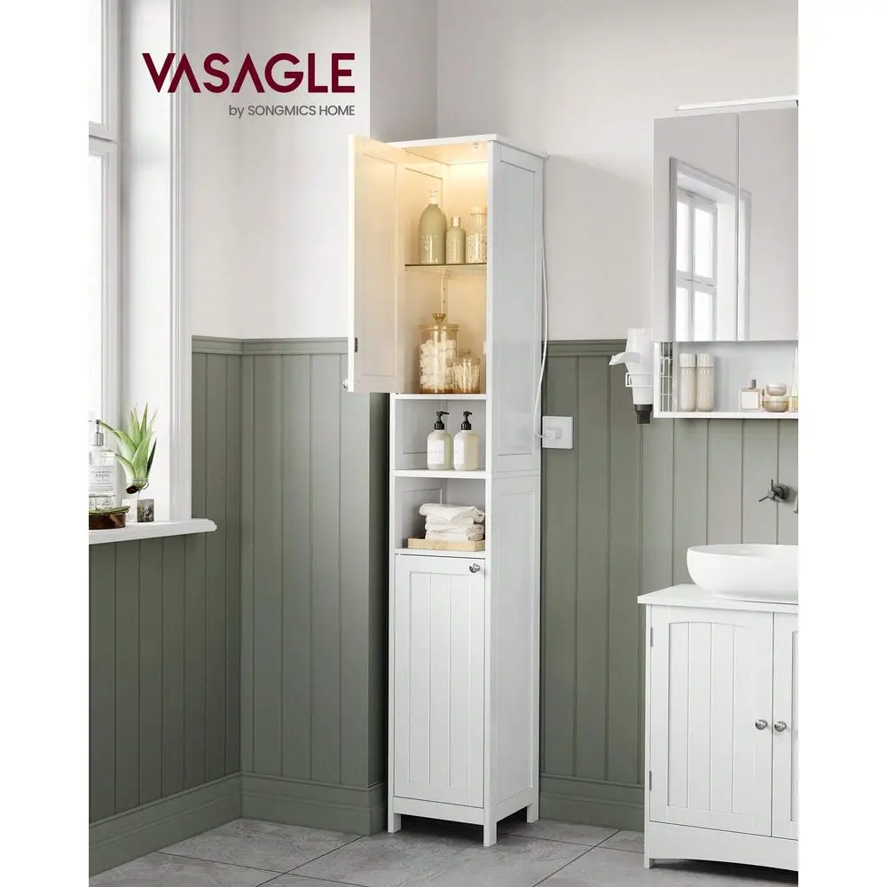 

Tall Bathroom Cabinet With Lights, Slim Bathroom Storage Cabinet, Freestanding Narrow Cabinet With Adjustable Shelves, Open Comp