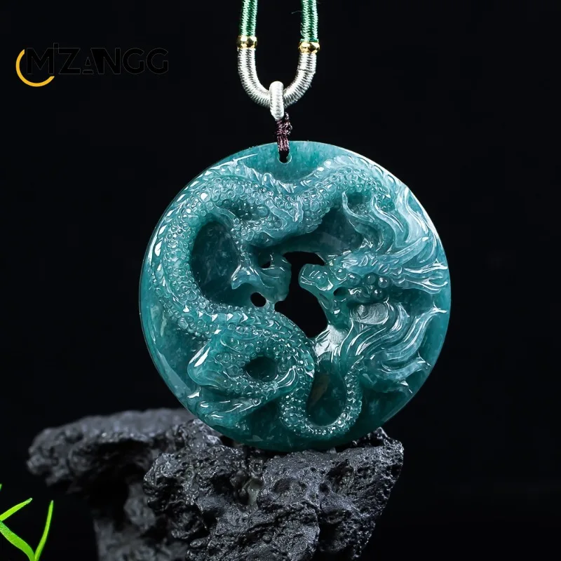 Natural Jadeite Featuring Blue Water Twin Dragons Playing Pendant Exquisite Ice-type Jadeite Necklace Men's and Women's Gifts