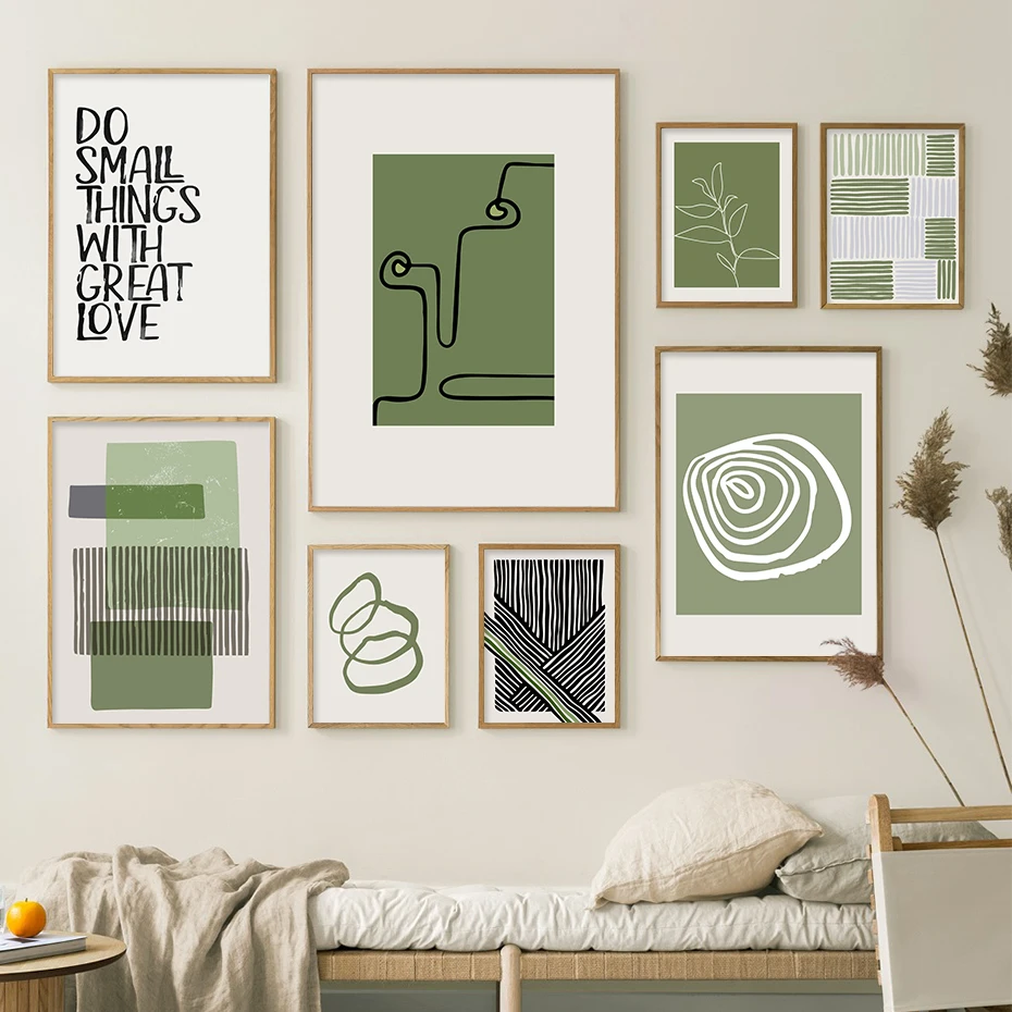 

Mid Century Green Abstract Black Line Art Poster Canvas Paintings Minimalist Wall Picture Prints Living Room Home Decor Interior