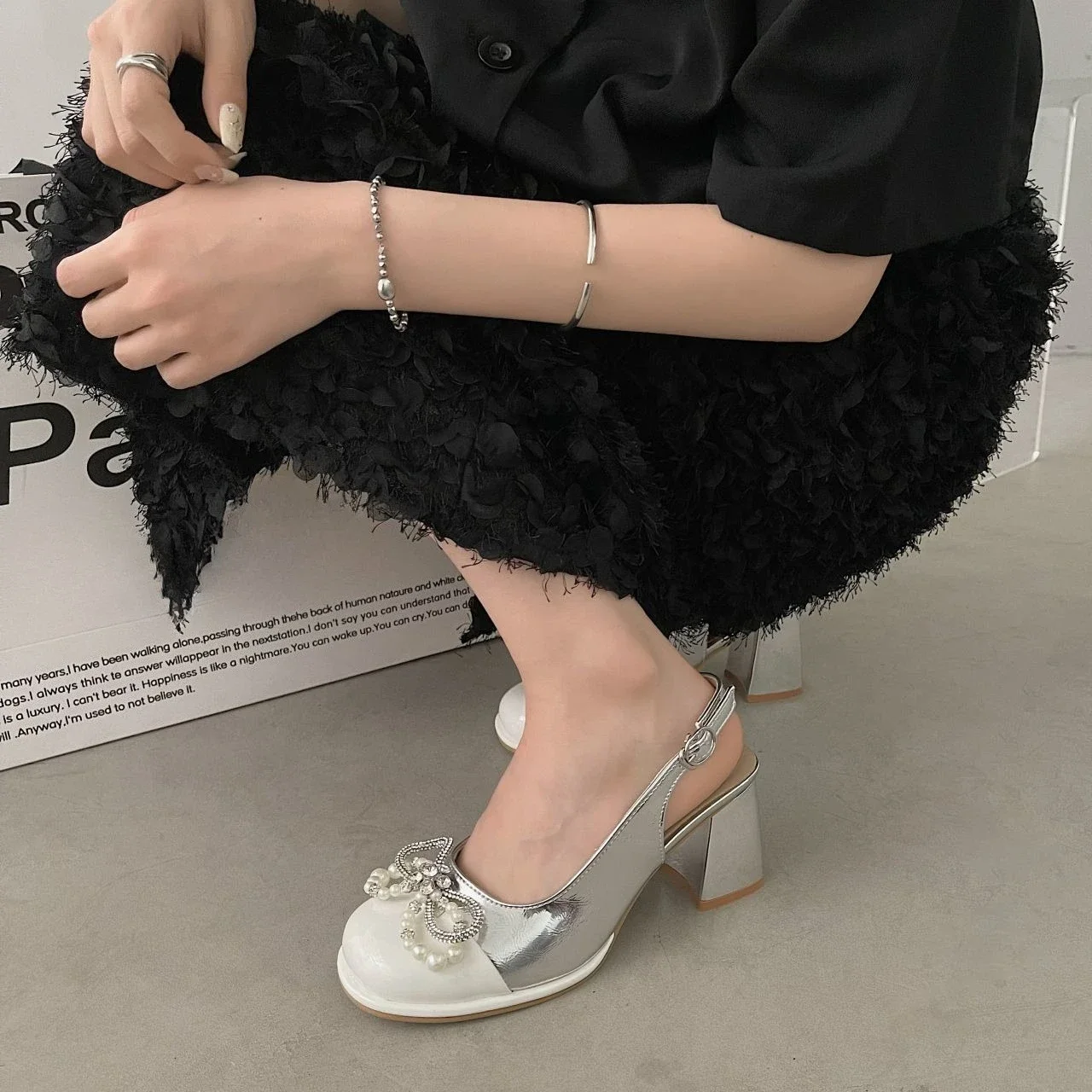 Mary Jane High Heels Women Sandals 2025 Summer Ethereal Forest Style Silver Rhinestone Bow Elegant Best Seller Versatile