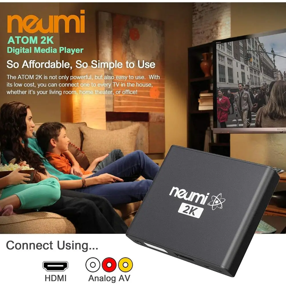 مشغل الوسائط الرقمي NEUMI Atom 4K Lite Ultra-HD لمحركات أقراص USB وبطاقات SD - يلعب فيديو 4K/UHD، HEVC/H.265، HDMI والتناظرية