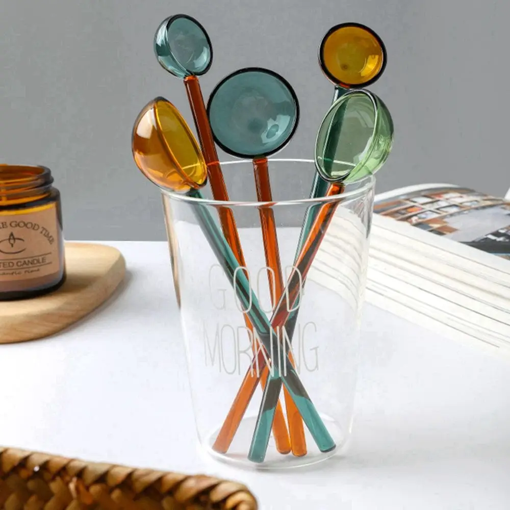 Glass Milk Spoon Colored Transparent Coffee Dessert Stirring Spoon Long Handle Round Kitchen Tableware Stirrer Rod